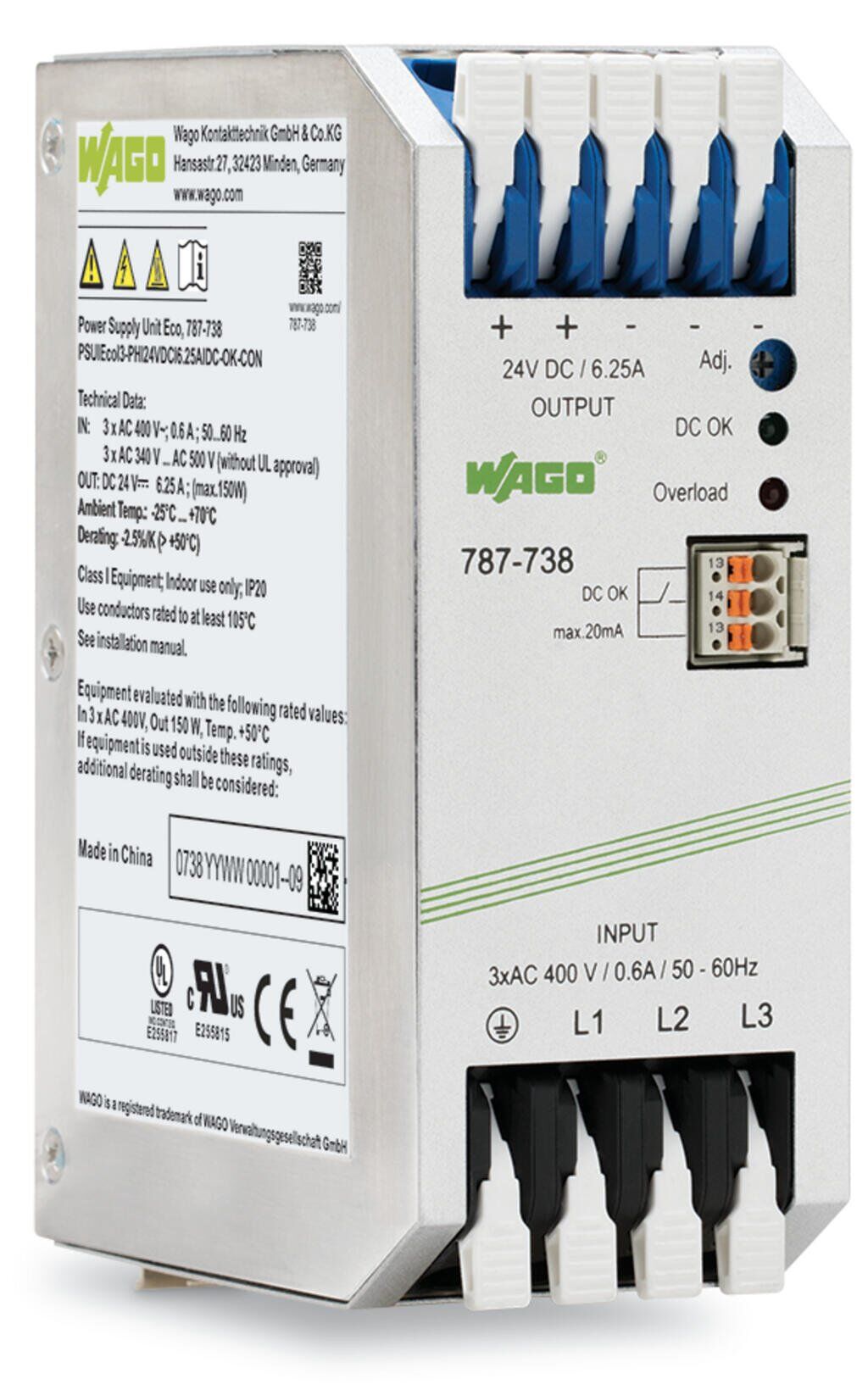 787-738 3 faz Giriş AC 325V .575V, 24 VDC/ 6,25 A, paralelleme, DC ok sinyali